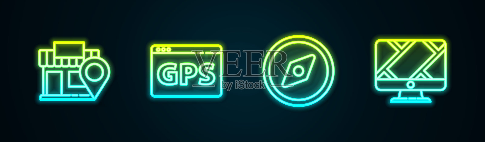 设置线路位置与存储，Gps设备地图，指南针和监视器位置标记。发光的霓虹灯图标。向量插画图片素材