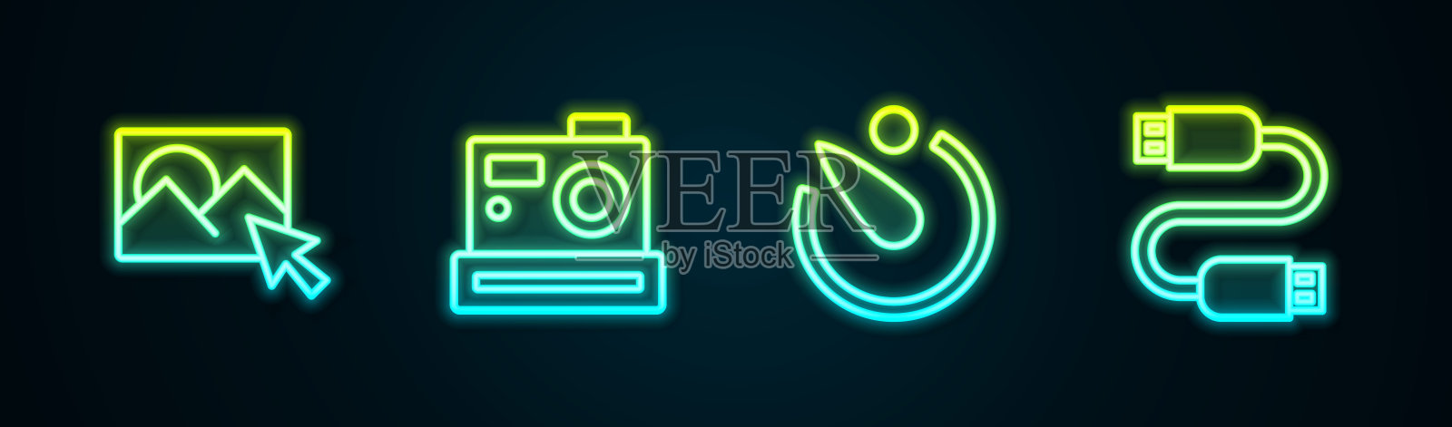 设置线照片修饰，相机，相机定时器和USB数据线。发光的霓虹灯图标。向量图标素材