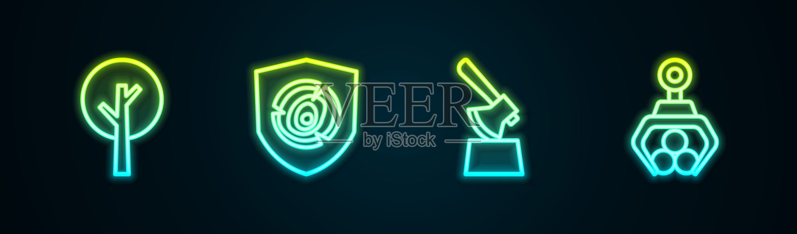 树，原木，斧头在树桩和抓钩起重机。发光的霓虹灯图标。向量插画图片素材