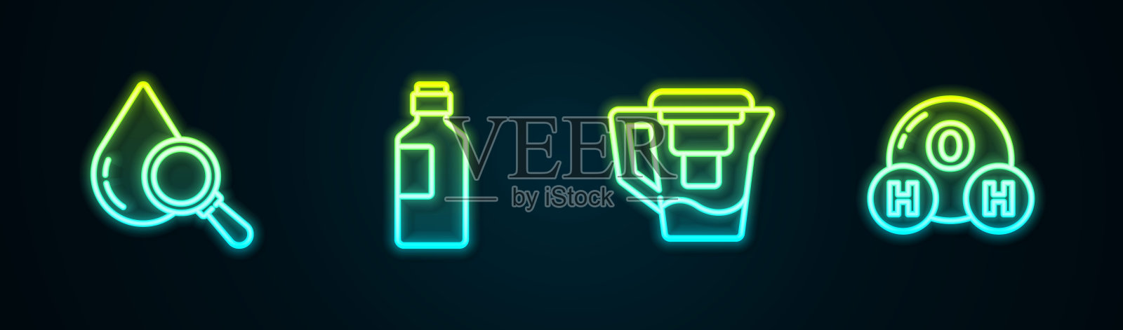 设有水杯、放大镜、水瓶、带过滤器的水罐及水的化学配方。发光的霓虹灯图标。向量插画图片素材