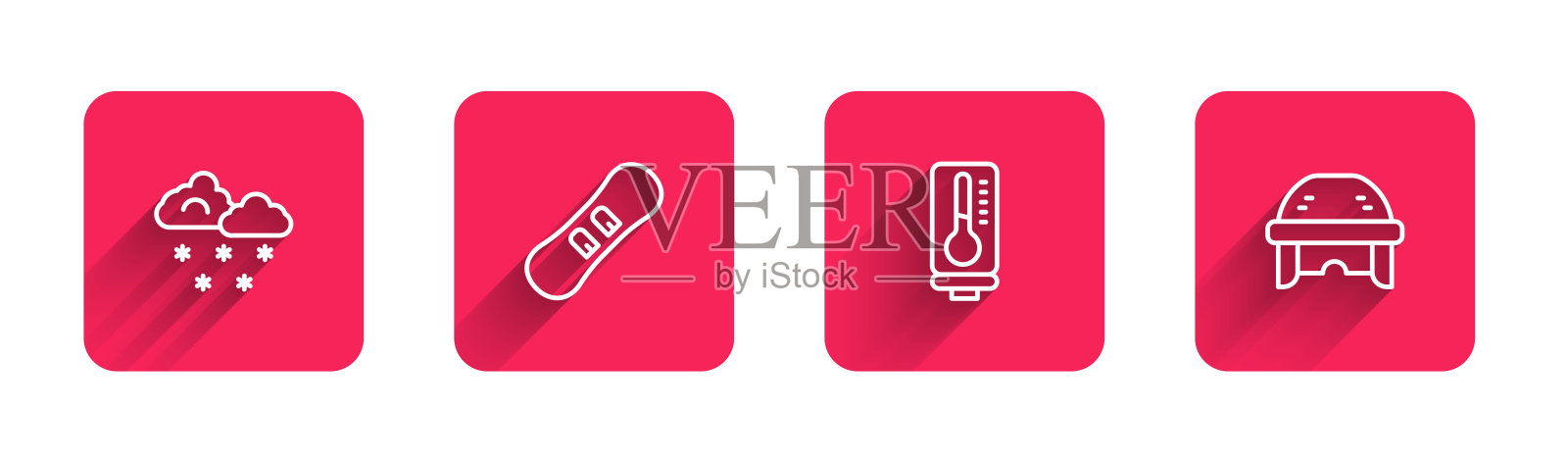 设置线云与雪，滑雪板，气象温度计和曲棍球头盔与长阴影。红场按钮。向量图标素材