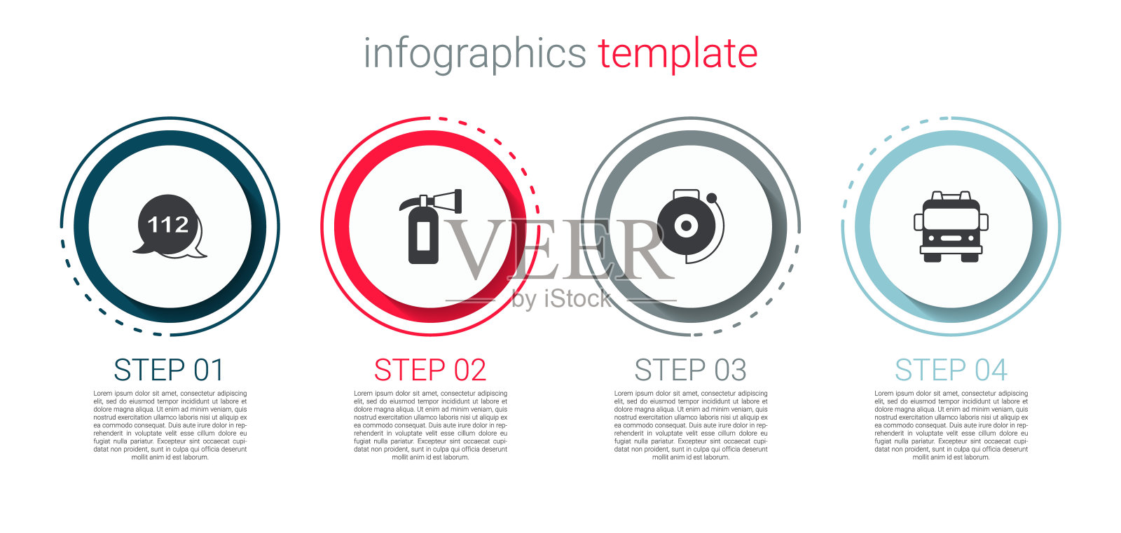设置紧急呼叫、灭火器、警铃和卡车。业务信息模板。向量设计模板素材