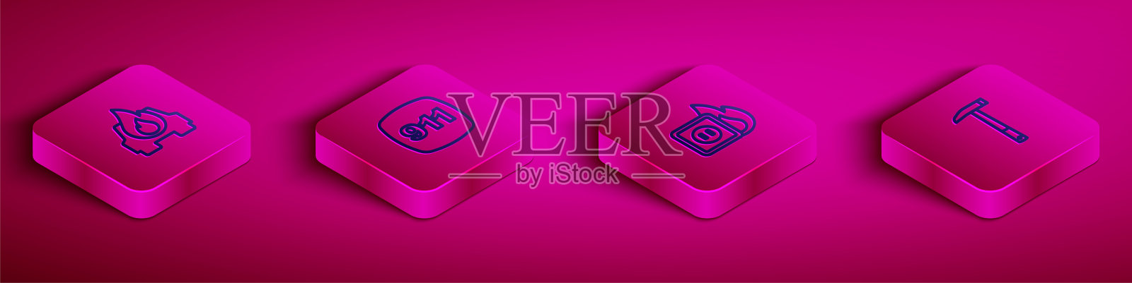 设置等距线燃烧汽车，紧急呼叫911，插座消防接线及消防斧图标。向量插画图片素材