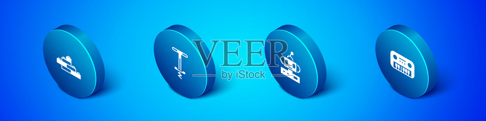 设置等距玩具积木、机器人玩具、钢琴和弹跳棒图标。向量插画图片素材