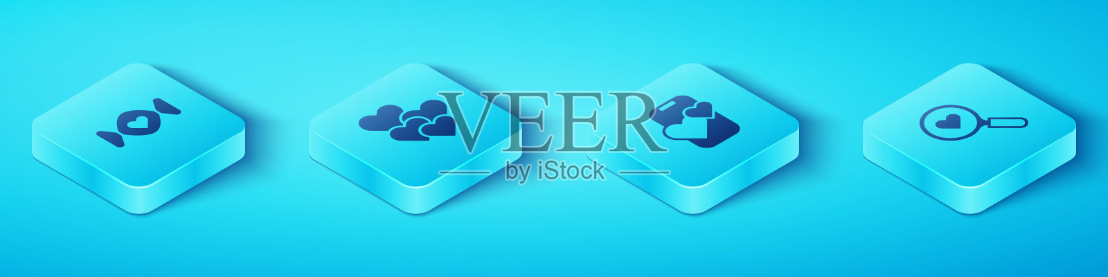 设置等距糖果，心，搜索心爱和约会应用程序在线移动图标。向量插画图片素材