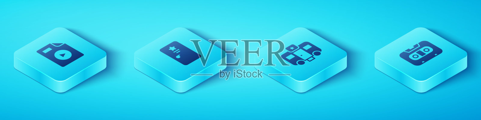 设置等距AVI文件文档，后台，复古音频磁带和演员预告片图标。向量图标素材