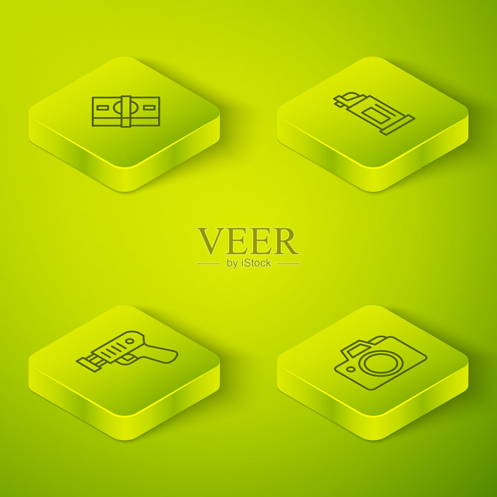 设置等距线胡椒喷雾，警察电击器，照片相机和叠纸钱现金图标。向量图标素材