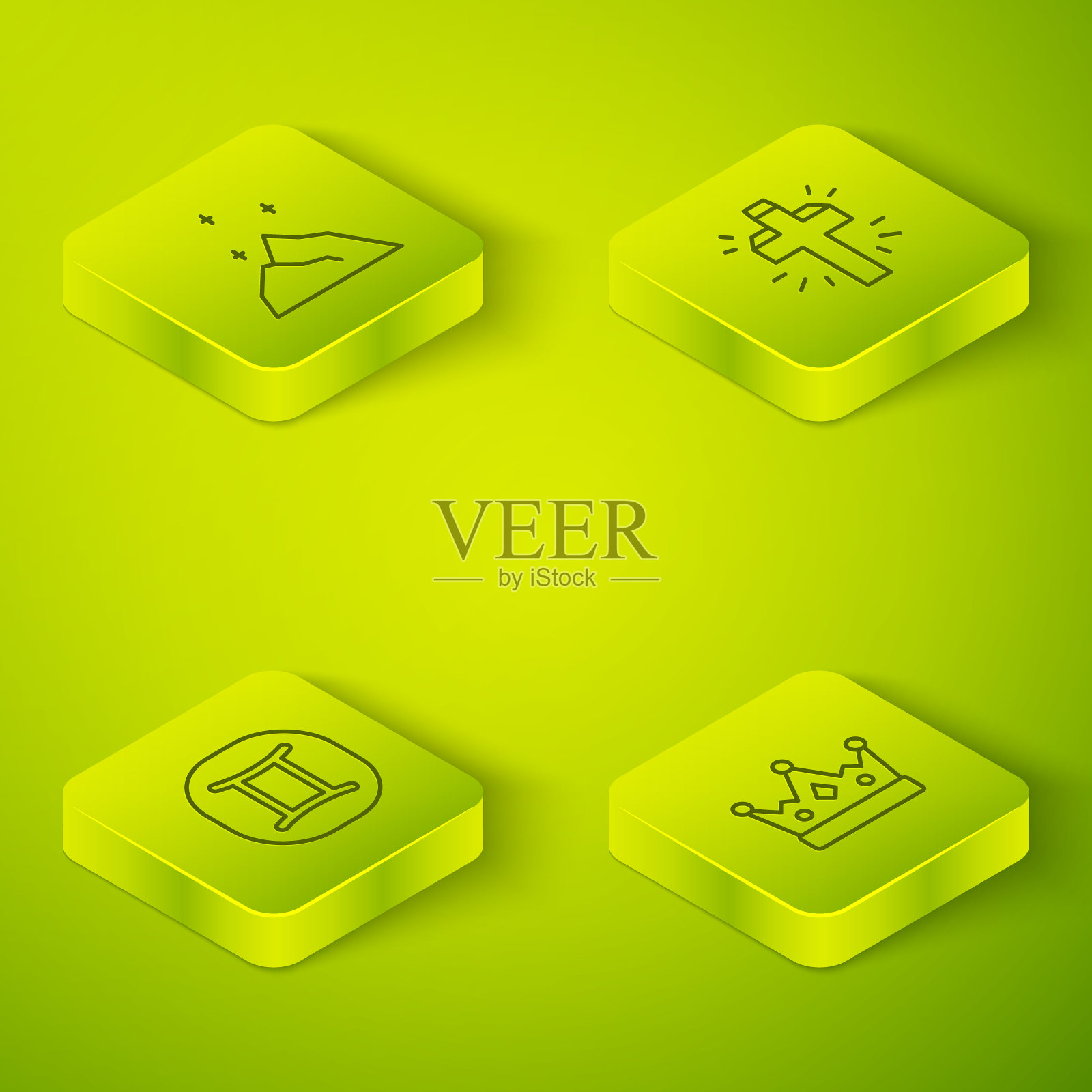 设置等距线基督教十字架，双子星座，国王皇冠和魔术粉图标。向量图标素材