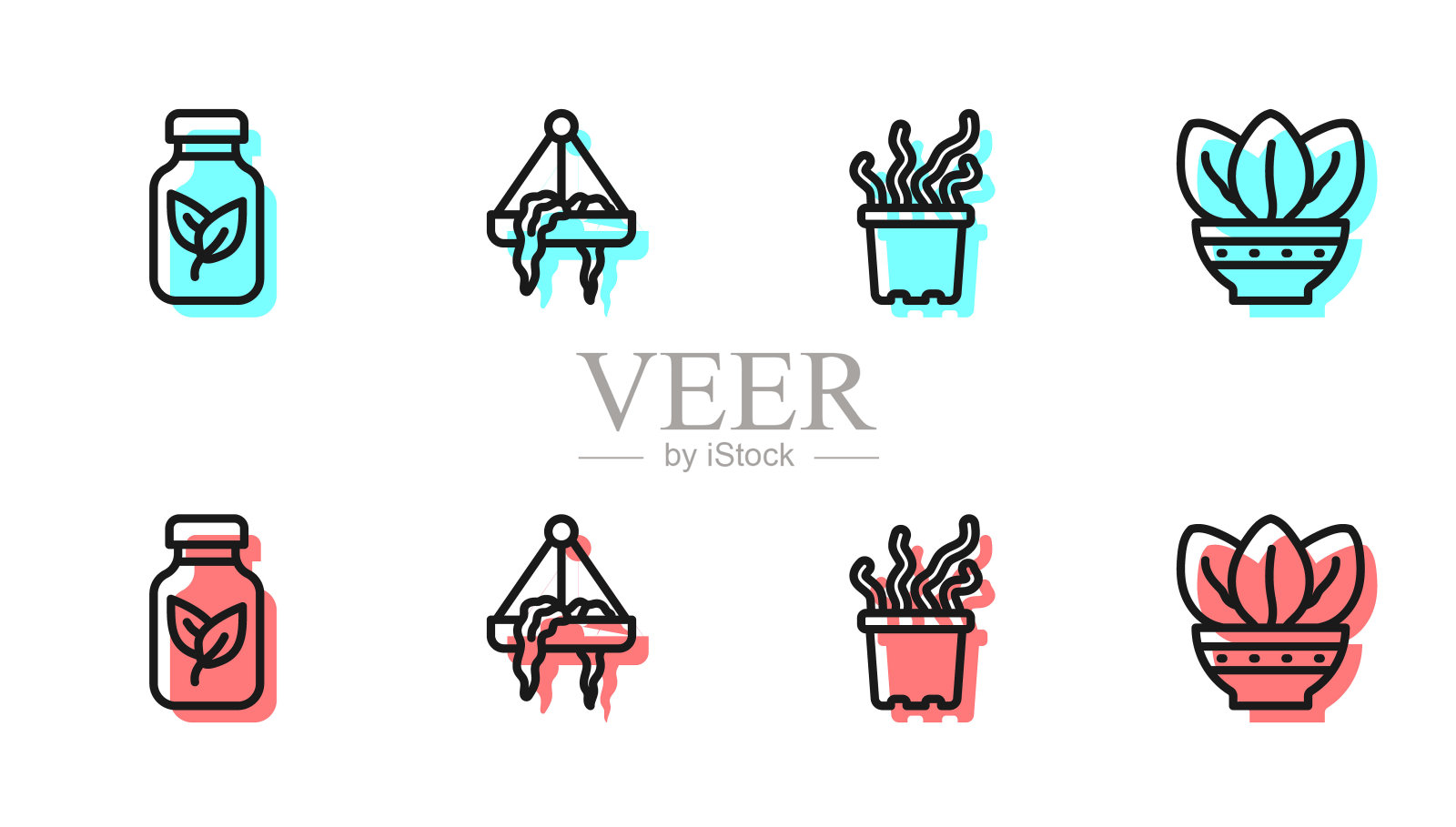 设置线异国热带植物花盆，肥料瓶，植物悬挂和图标。向量插画图片素材