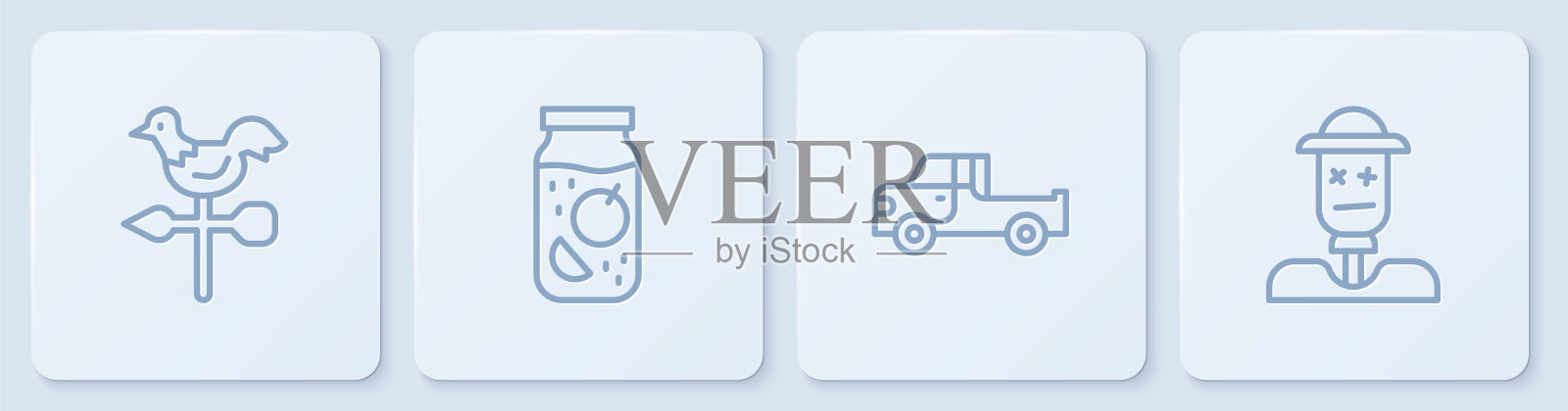 公鸡风向标，小货车，果酱罐和稻草人。白色正方形按钮。向量插画图片素材