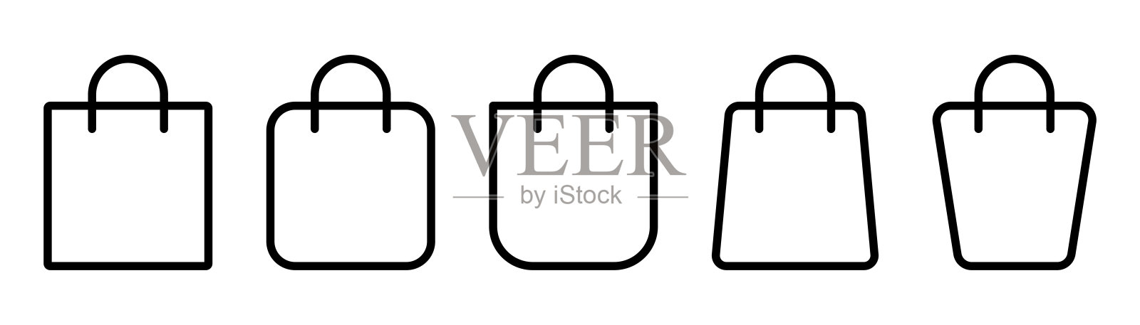 购物袋图标设置。大纲袋的象征。购物说明。包图标在行。商店袋的轮廓。股票矢量插图。图标素材
