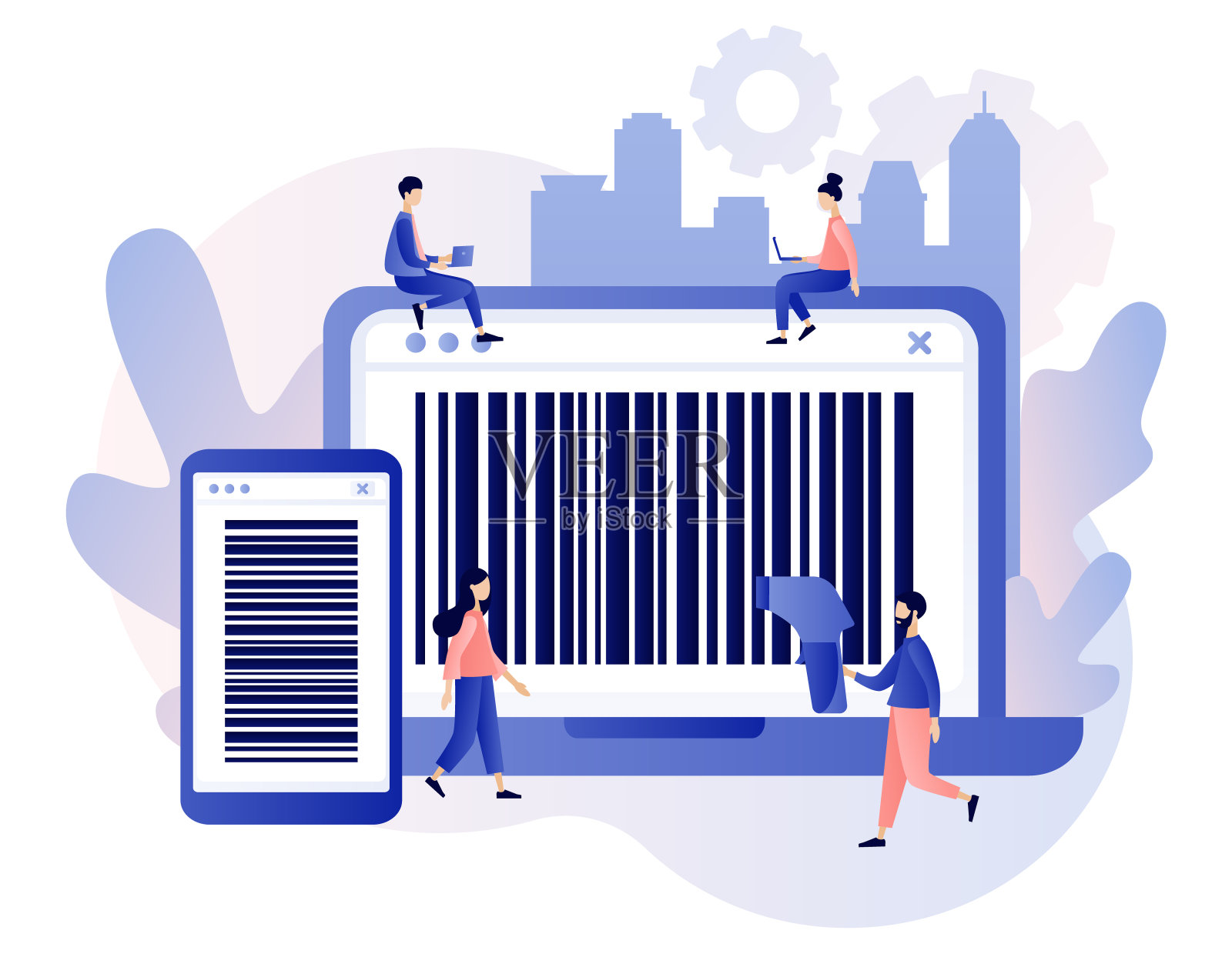 智能手机应用程序和笔记本电脑屏幕的条形码。手持式条形码扫描器。小人扫描条形码。现代平面卡通风格。白色背景上的矢量插图插画图片素材