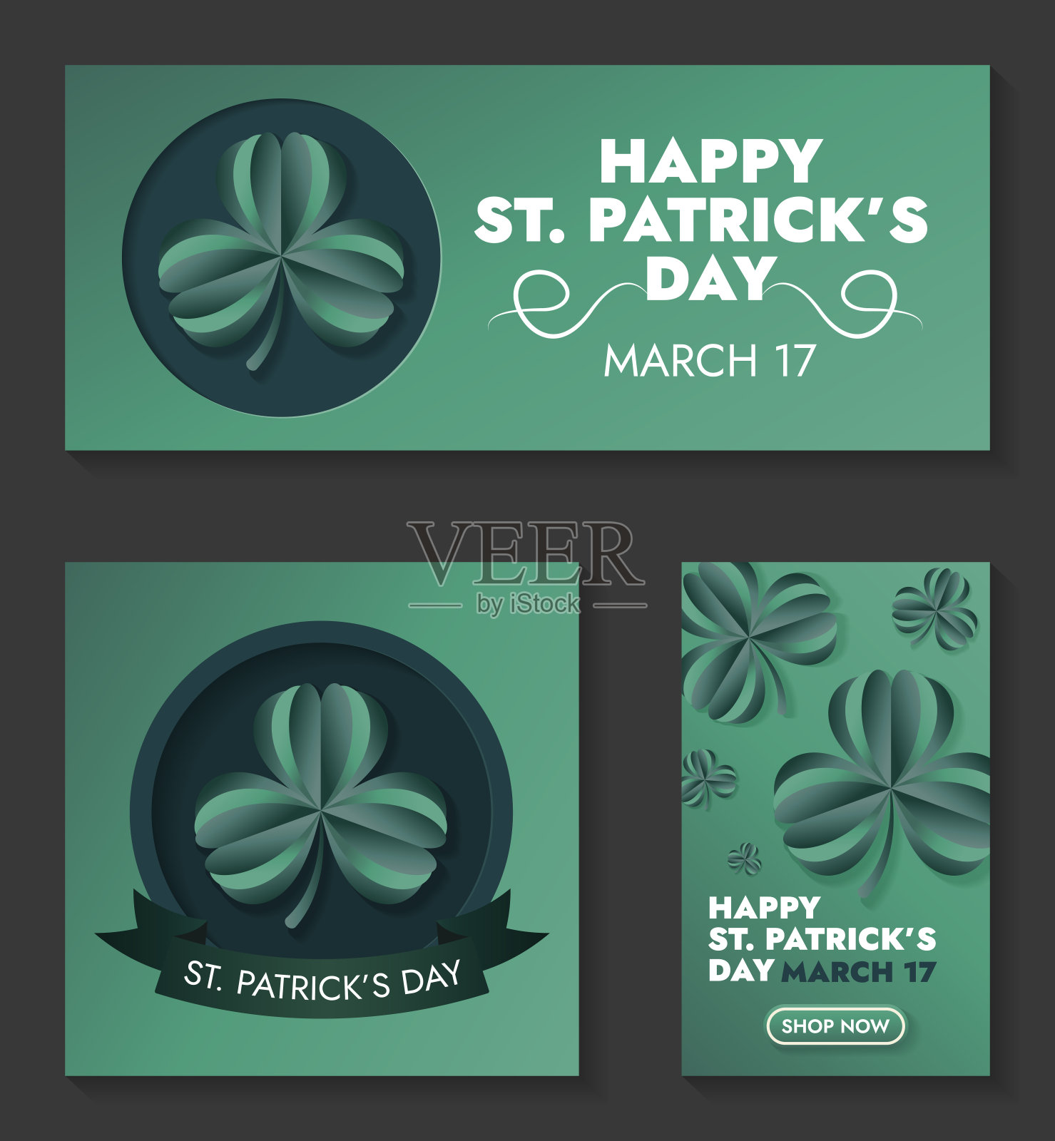 一套海报圣帕特里克日3月17日。网络旗帜模板。矢量3d三叶草，庆祝文本，丝带，呼叫行动按钮，剪纸效果。插图，爱尔兰节日贺卡插画图片素材