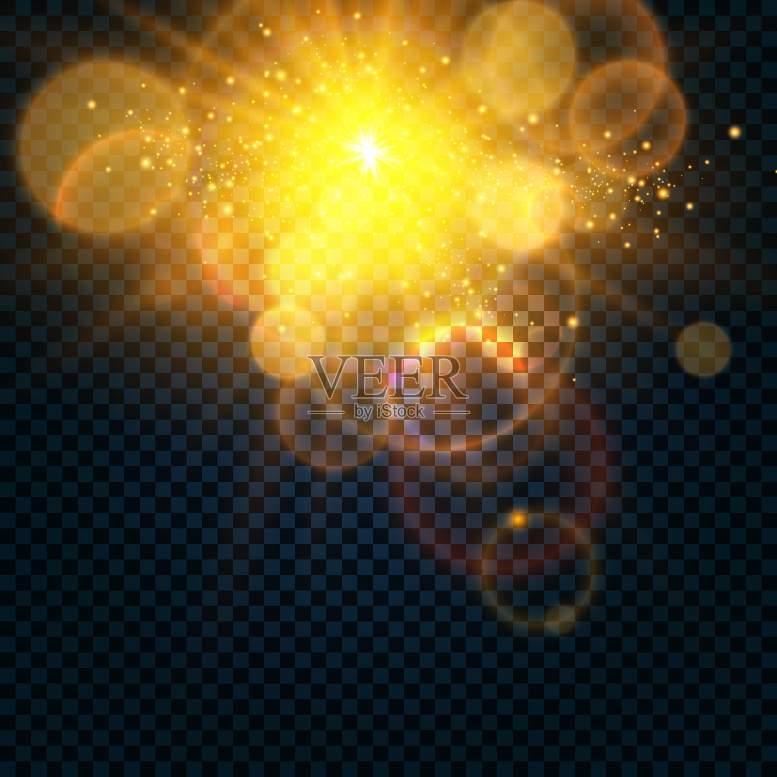 发光效果。透明背景上的星星。明亮的太阳。矢量插图。插画图片素材