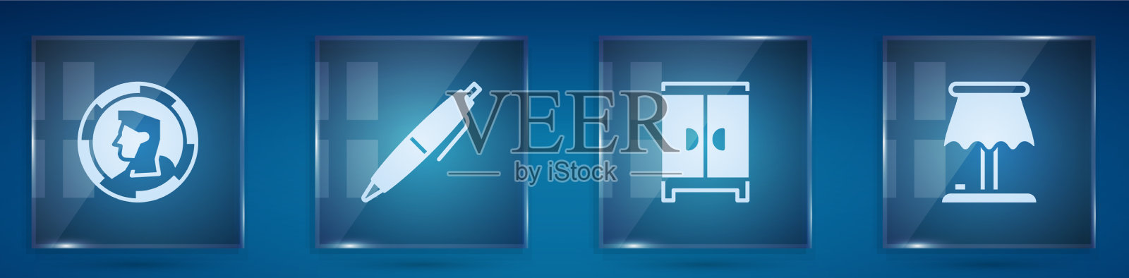 设置古钱币、笔、衣柜和台灯图标素材