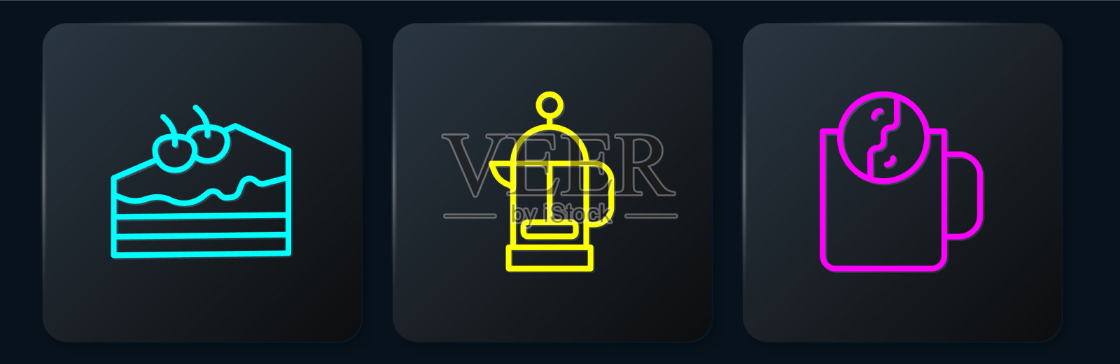 设定线块蛋糕，茶时间和法式压滤机图标素材