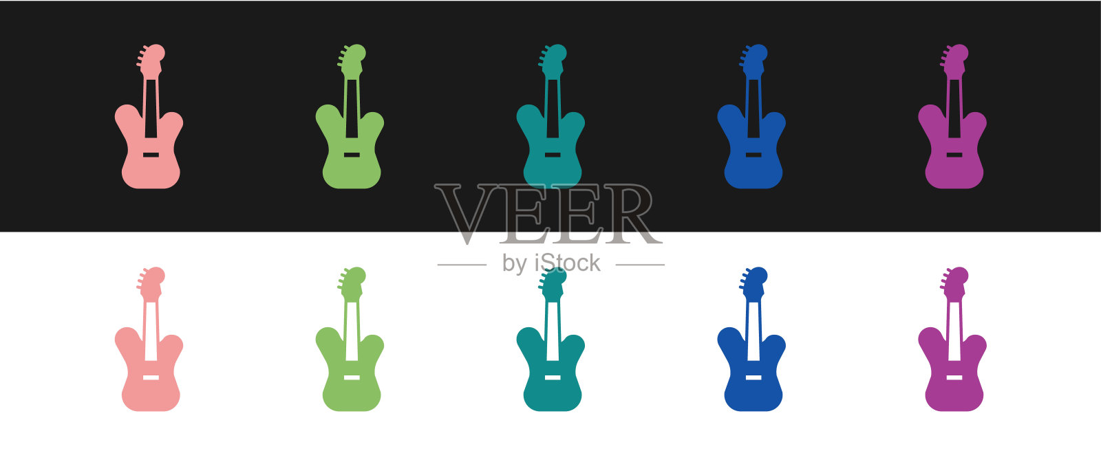 设置电子低音吉他图标孤立在黑白背景上。向量插画图片素材