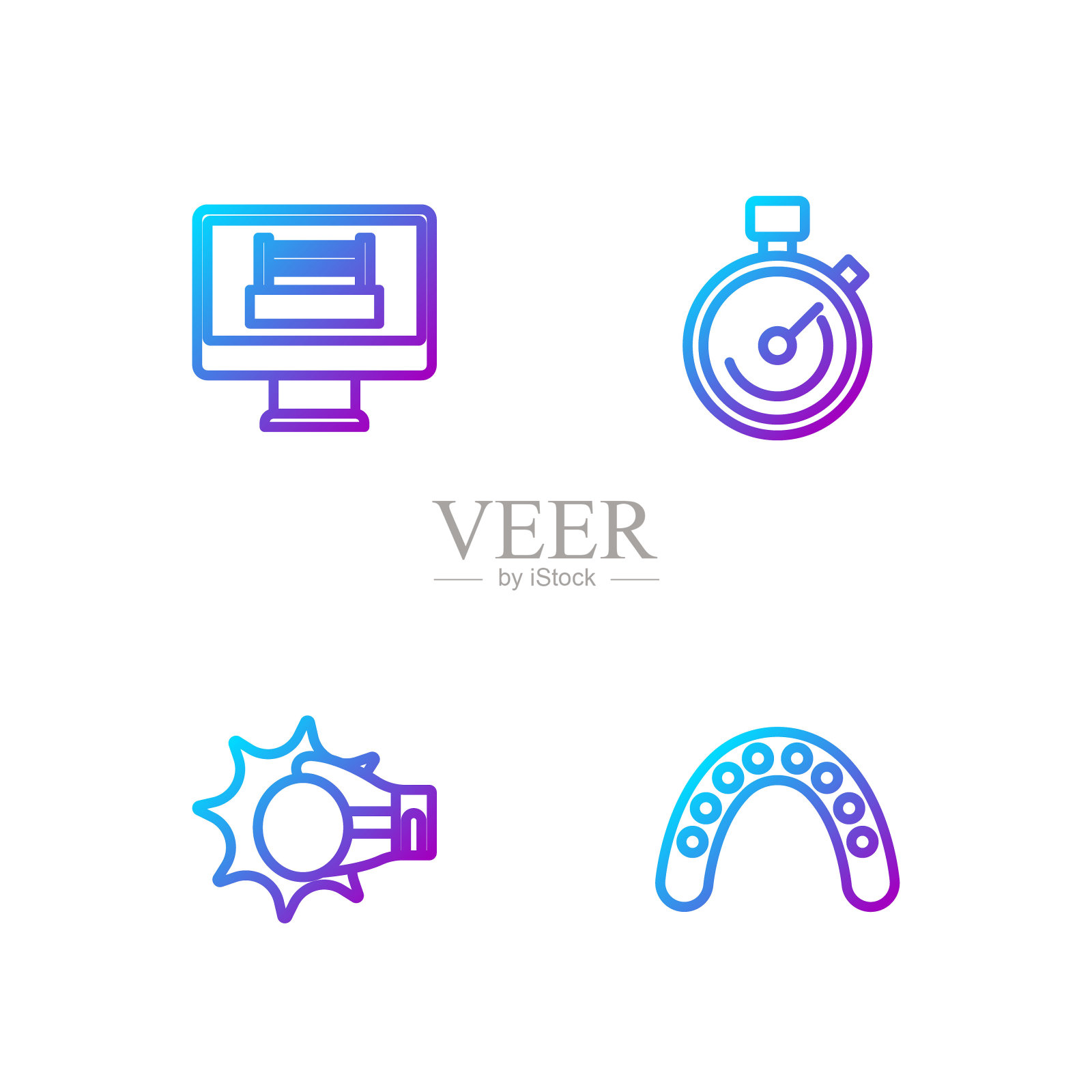 设置线护嘴拳击手，拳击手套，拳击台和秒表。渐变颜色图标。向量图标素材