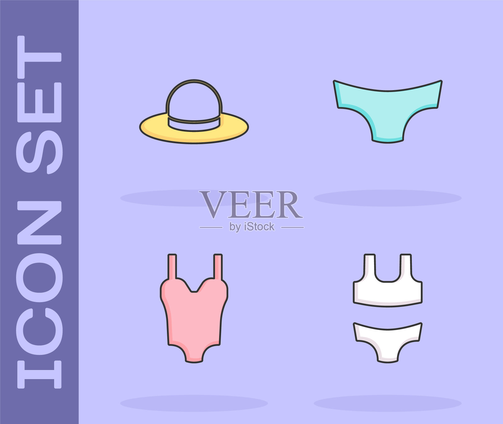 设置泳装，男子帽子，和男子内裤图标。向量图标素材