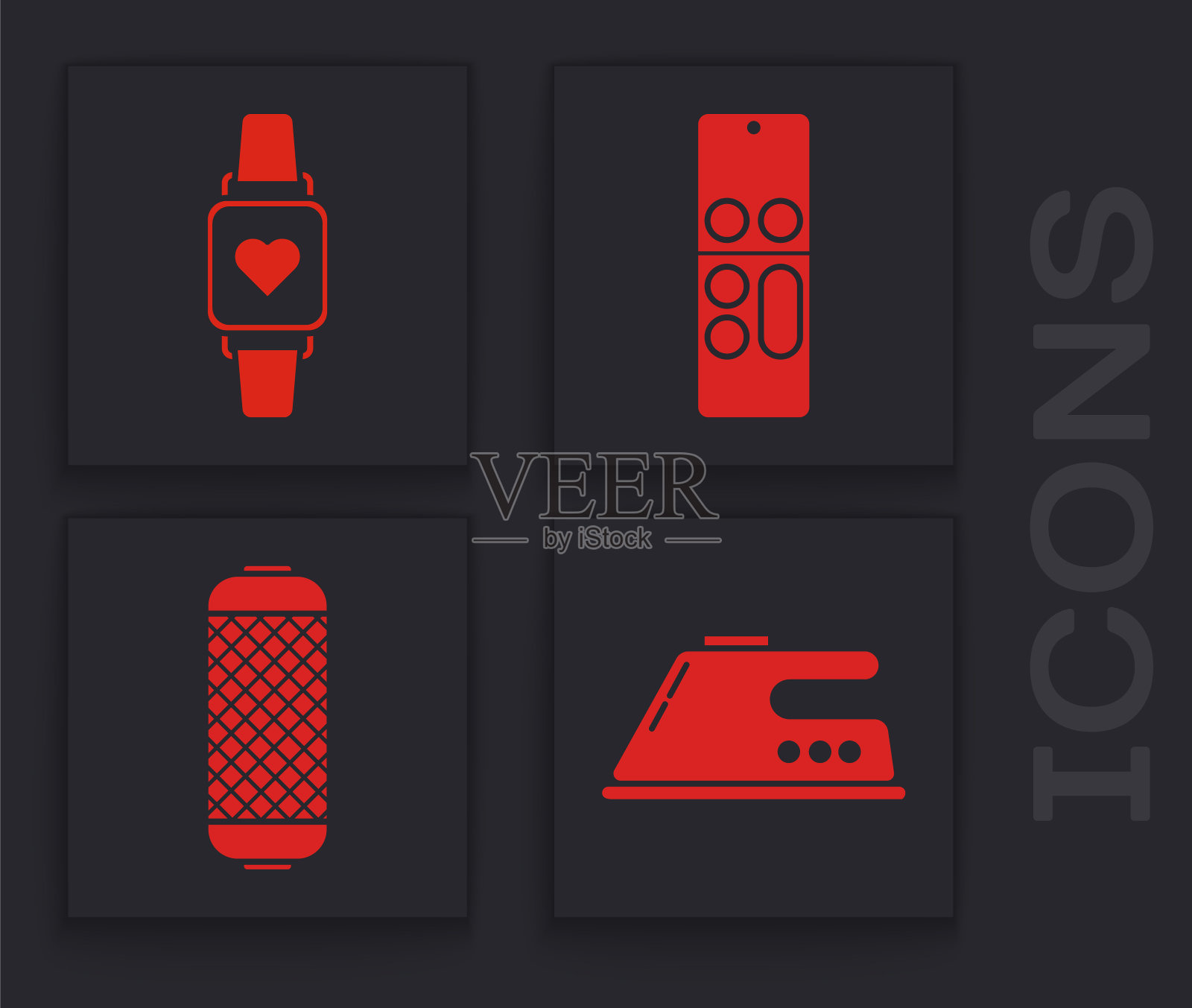 设置电熨烫，智能手表显示心率，遥控器和立体声扬声器图标。向量图标素材