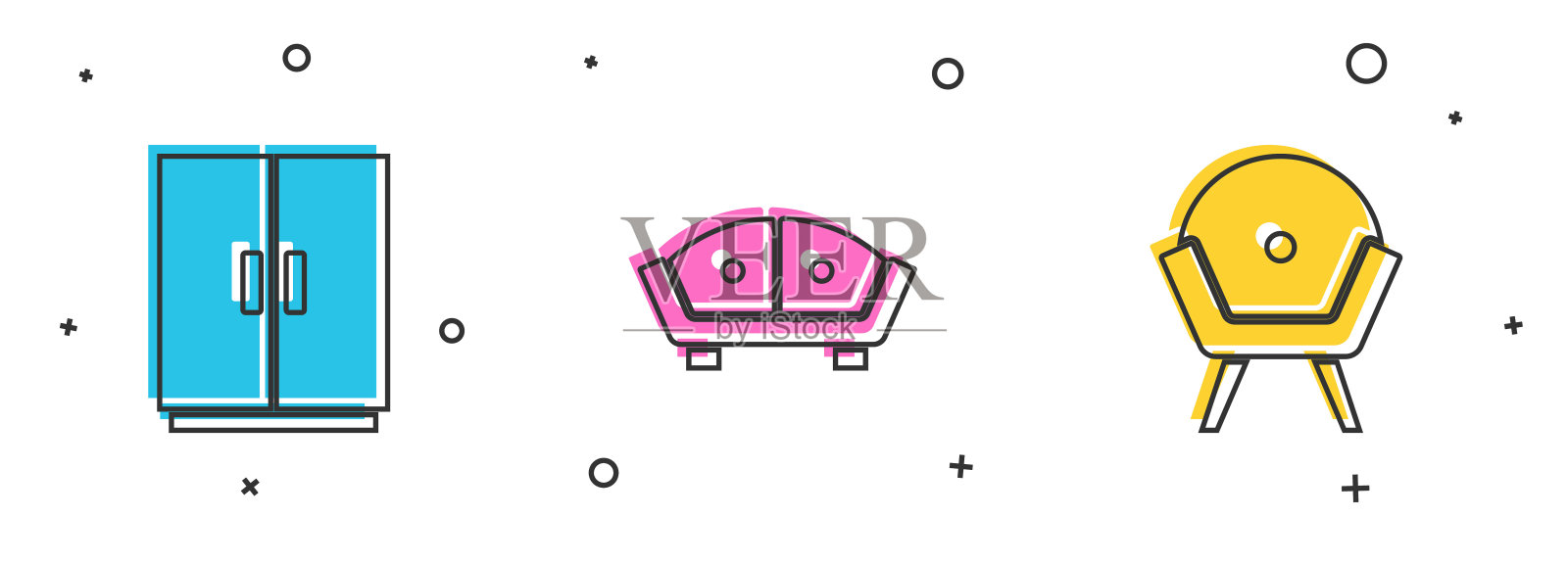 设置衣柜，沙发和扶手椅图标。向量插画图片素材