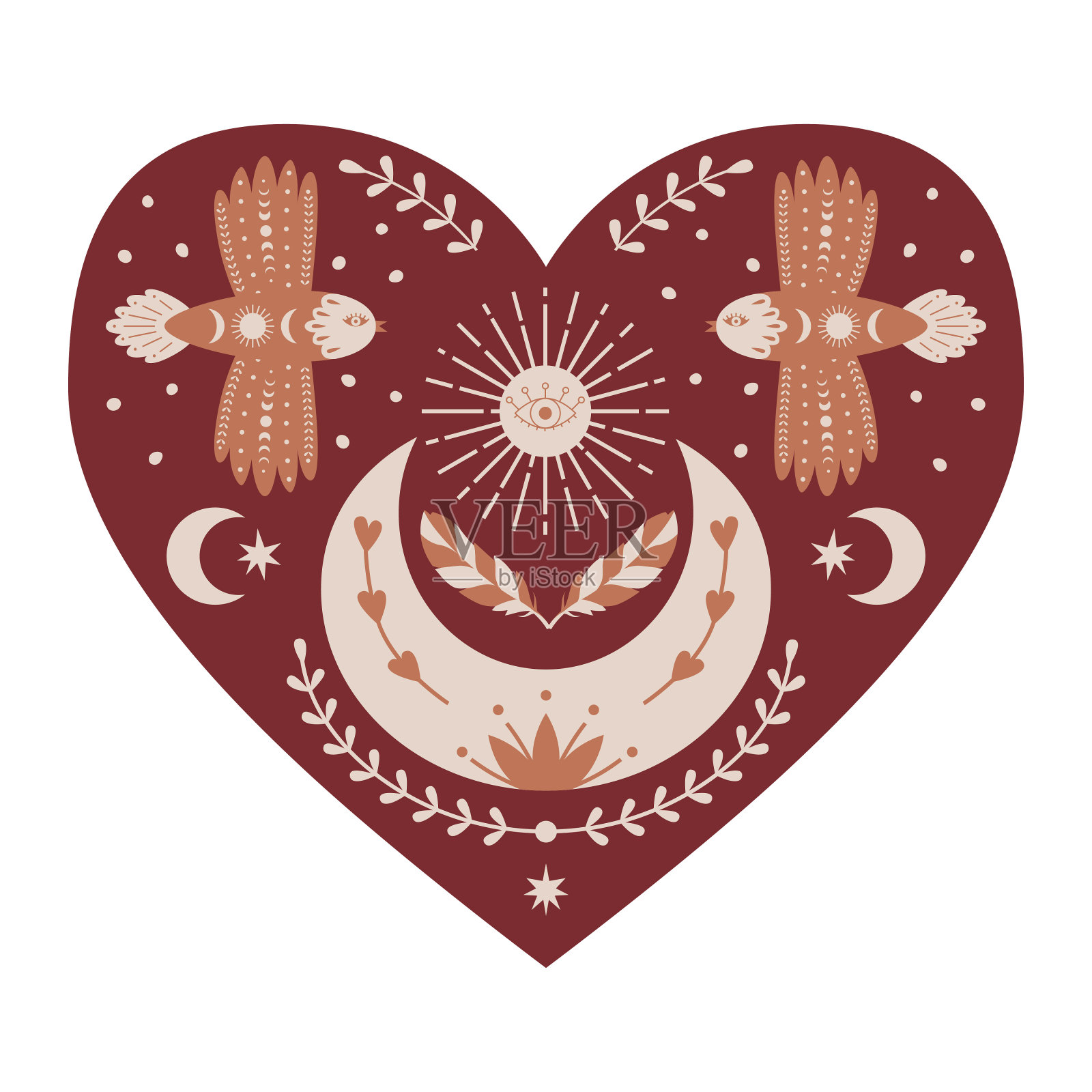 对称的神秘之心，鸟，新月，树枝，太阳，羽毛。装饰元素为情人节贺卡，包装设计。在白色背景上隔离的颜色矢量插图。插画图片素材