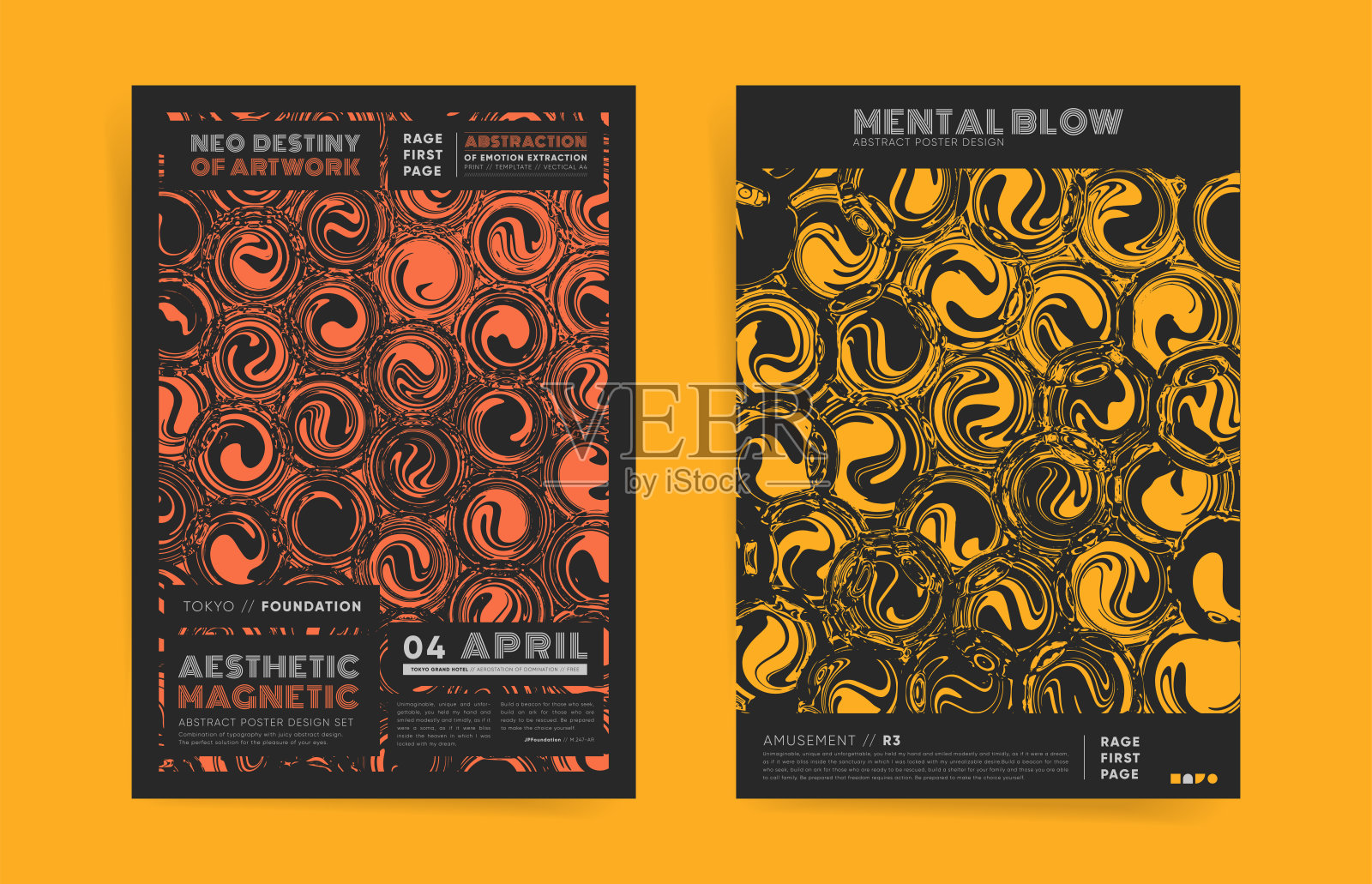 摘要有机海报模板大胆的橙色和黄色背景。未来油墨有机细胞的液体形式。插画图片素材