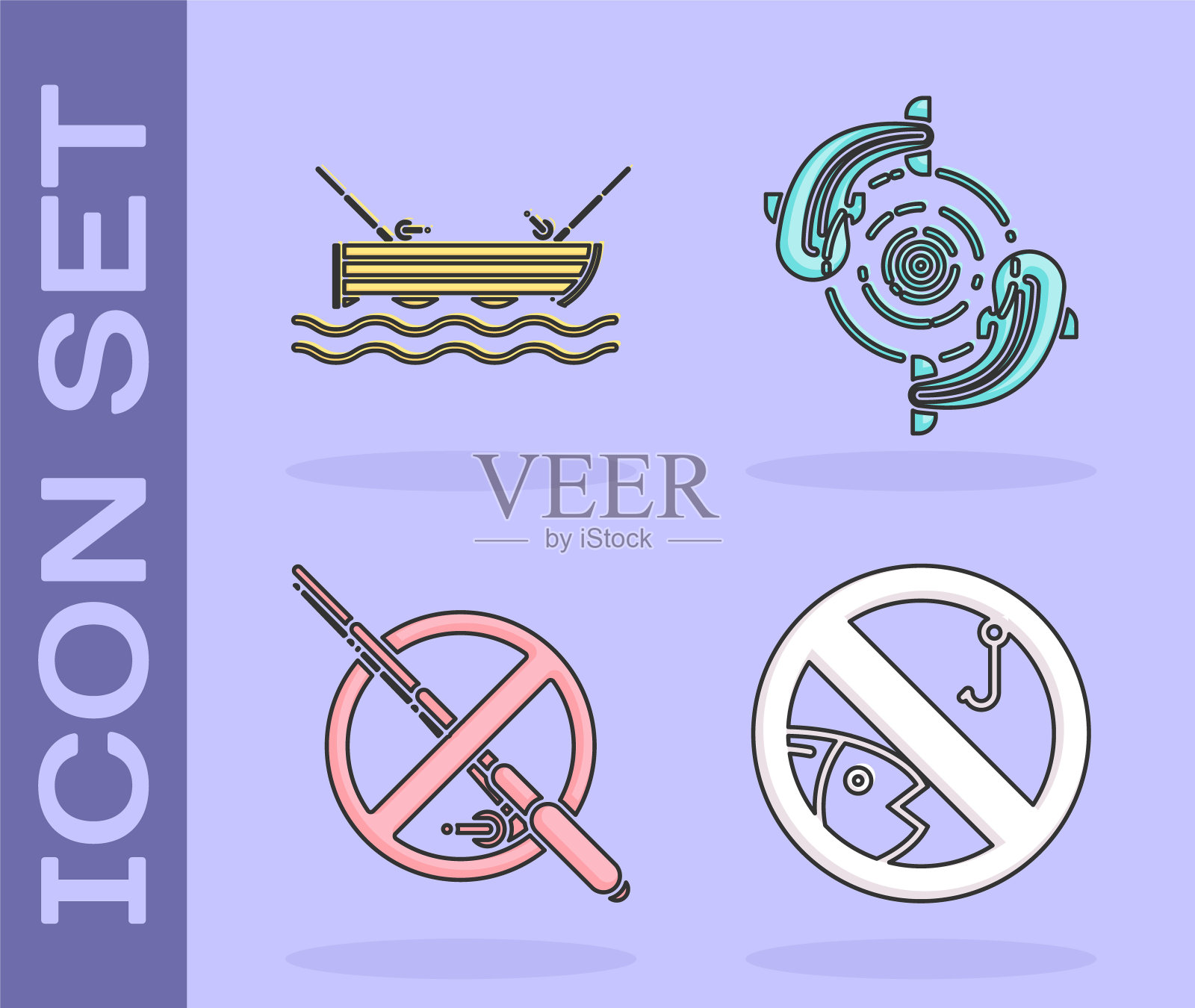 设置“禁止钓鱼”、“渔船带钓竿在水面上”、“禁止钓鱼”和“鱼”图标。向量图标素材