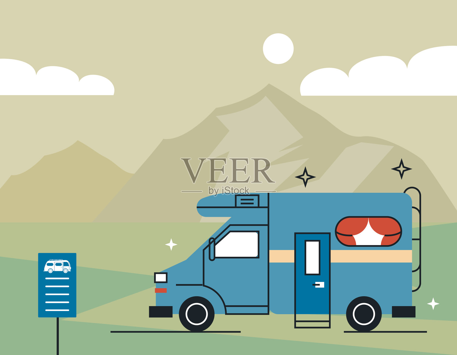 蓝色露营车和山插画图片素材