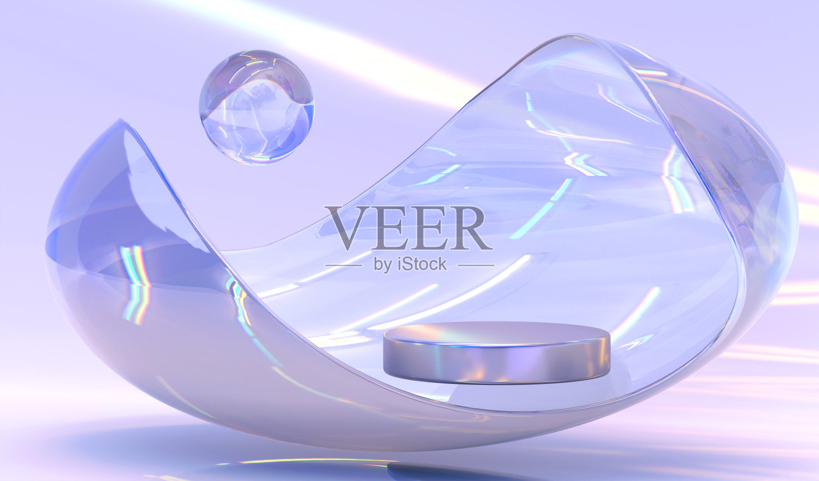 平台上有全息梯度波或玻璃虹彩带和水晶球。空底座与色散光和折射效果的射线在紫色背景显示产品3d渲染照片摄影图片