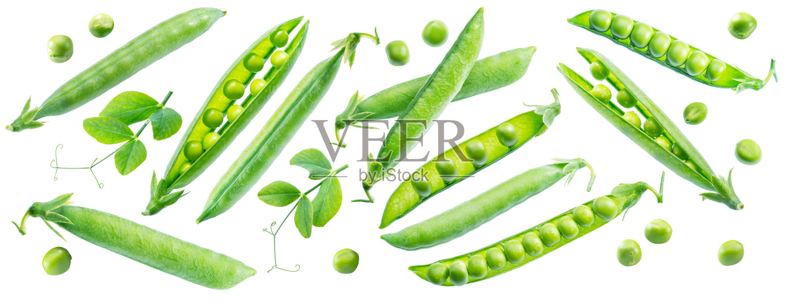 一套豌豆豆荚和豌豆叶子孤立在白色背景上。照片摄影图片