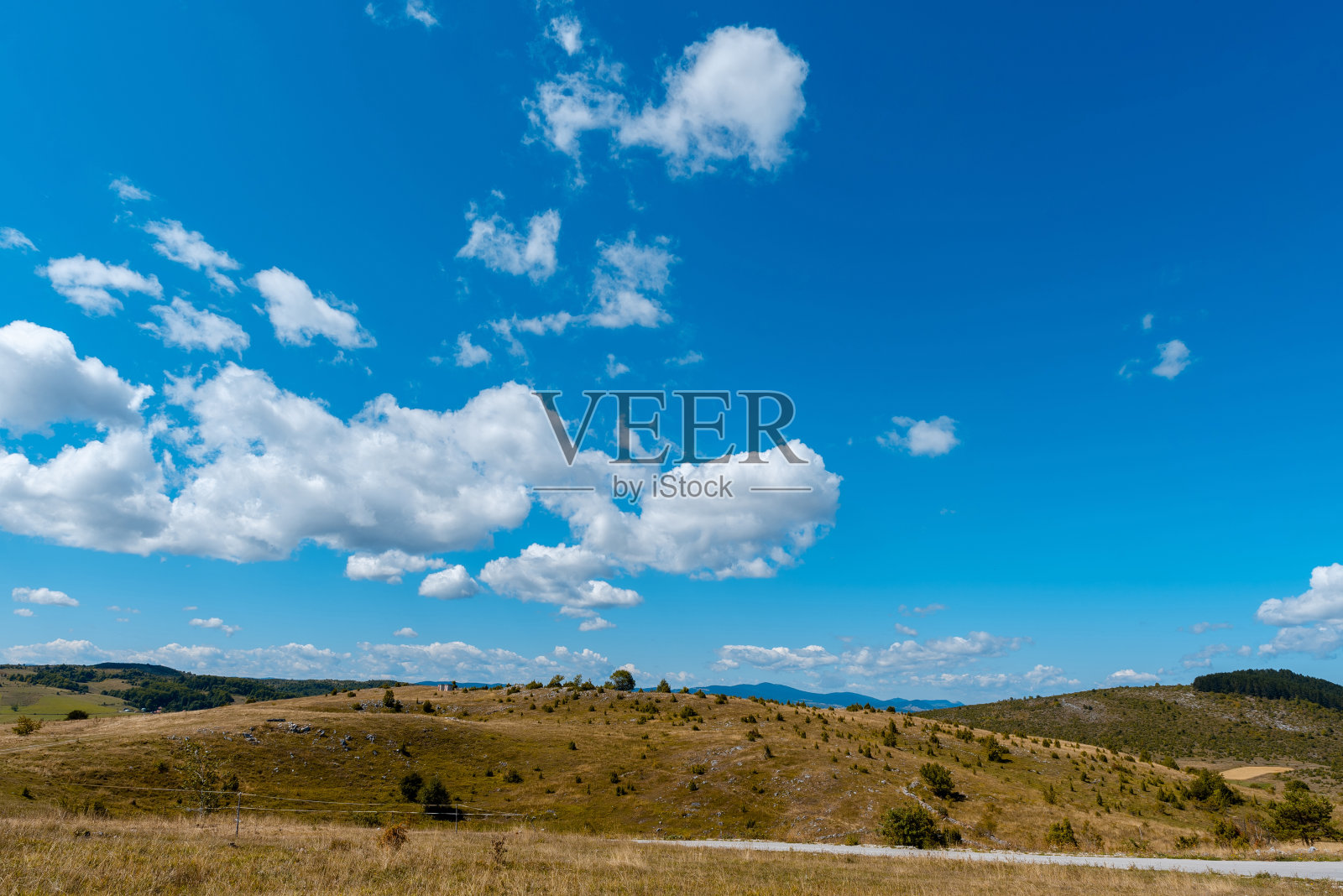 山上的草地上有蓝色的多云的天空，山路和绿黄色的草莽照片摄影图片