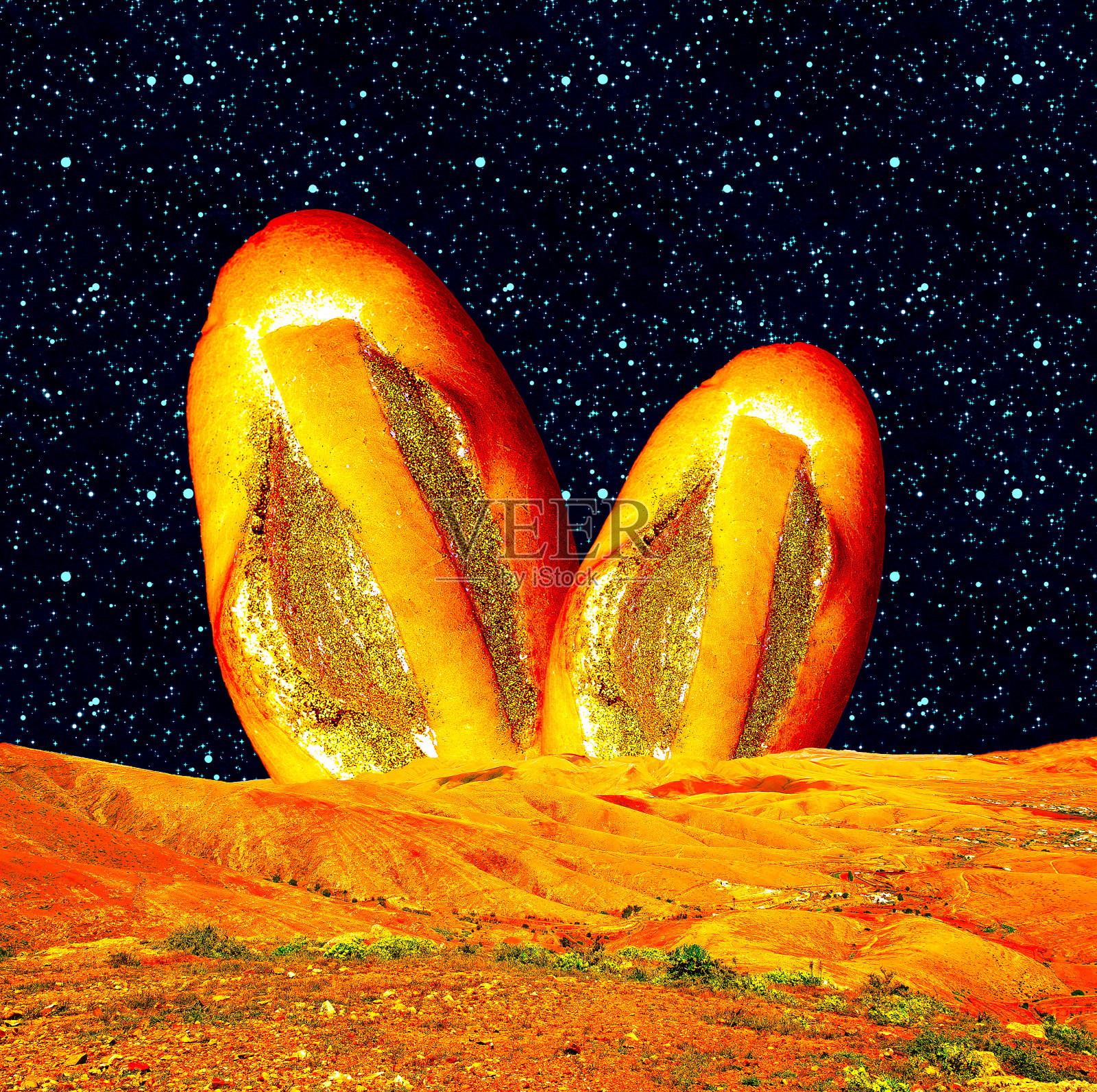 当代最小拼贴艺术。混合照片和纹理。面包的宇宙空间照片摄影图片