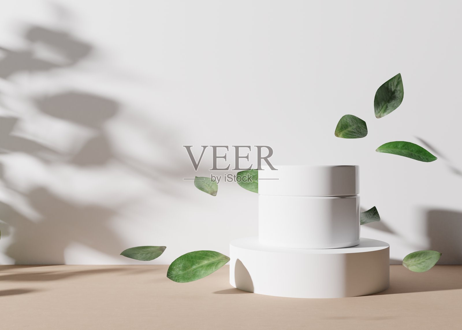 白色和空白，没有品牌的化妆品奶油罐站在白色的讲台上，树叶在空中飞舞。护肤产品介绍。优雅,自然的模型。护肤、美容和水疗。3 d渲染。照片摄影图片