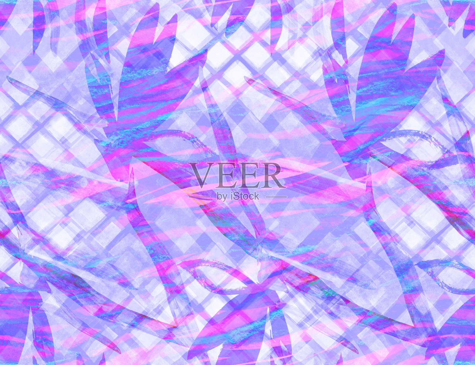 明亮的紫色植物图案与鹤望兰花的剪影插画图片素材