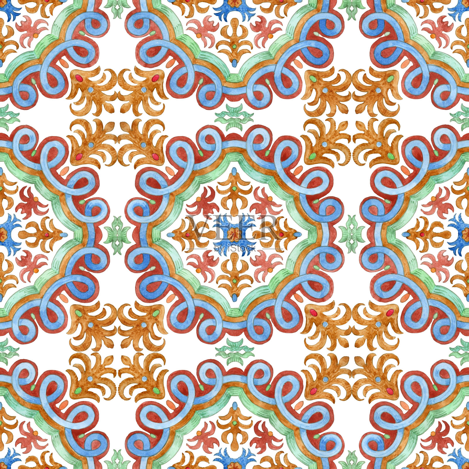 地中海马略尔卡陶瓷风格的几何花卉手绘瓷砖水彩无缝图案，白色背景墙纸装饰、蜡染印花插画图片素材