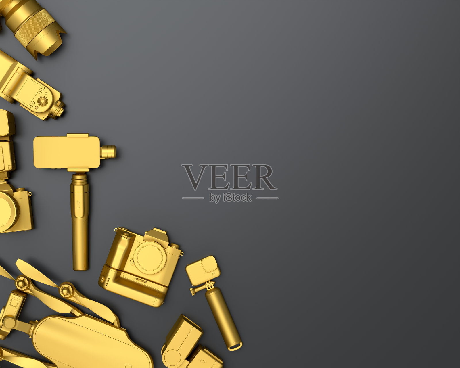 设计师工作空间和摄影装备在黑色桌子背景的俯视图照片摄影图片