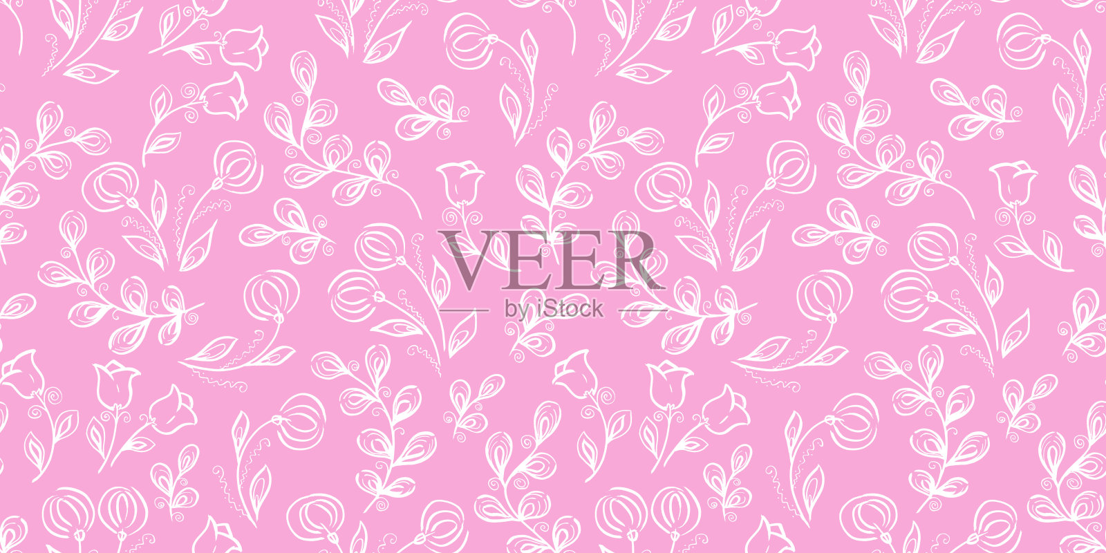 春天无缝模式。涂鸦风格的花卉元素。粉红色的背景。热带白色的叶子。普罗旺斯郁金香和蒲公英的花朵插画图片素材