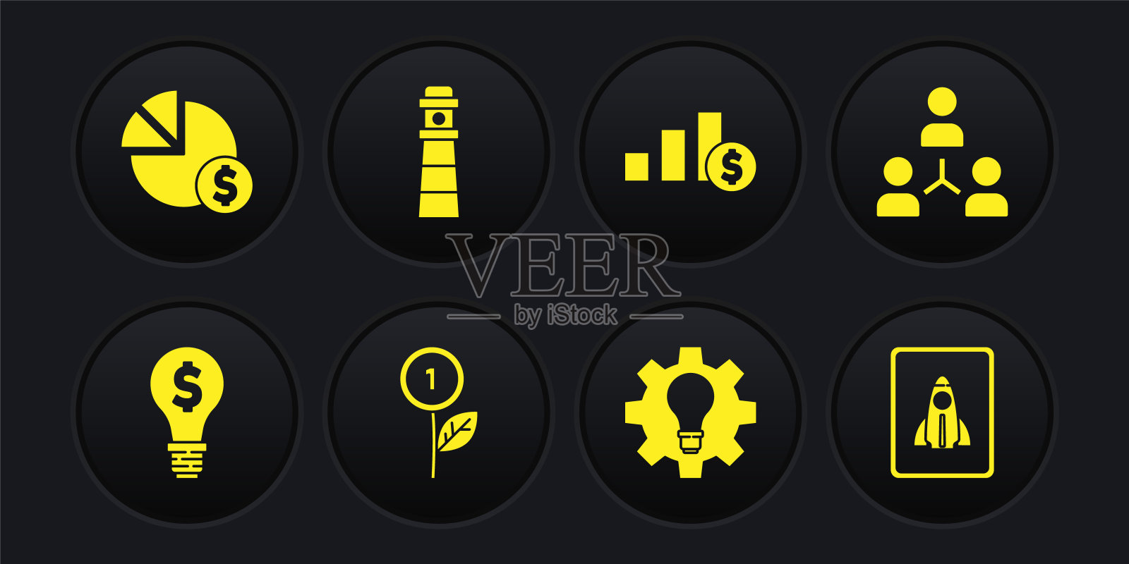 设置灯泡与美元，项目团队基地，美元工厂，和齿轮，饼图，灯塔，启动项目概念和图标。向量图标素材