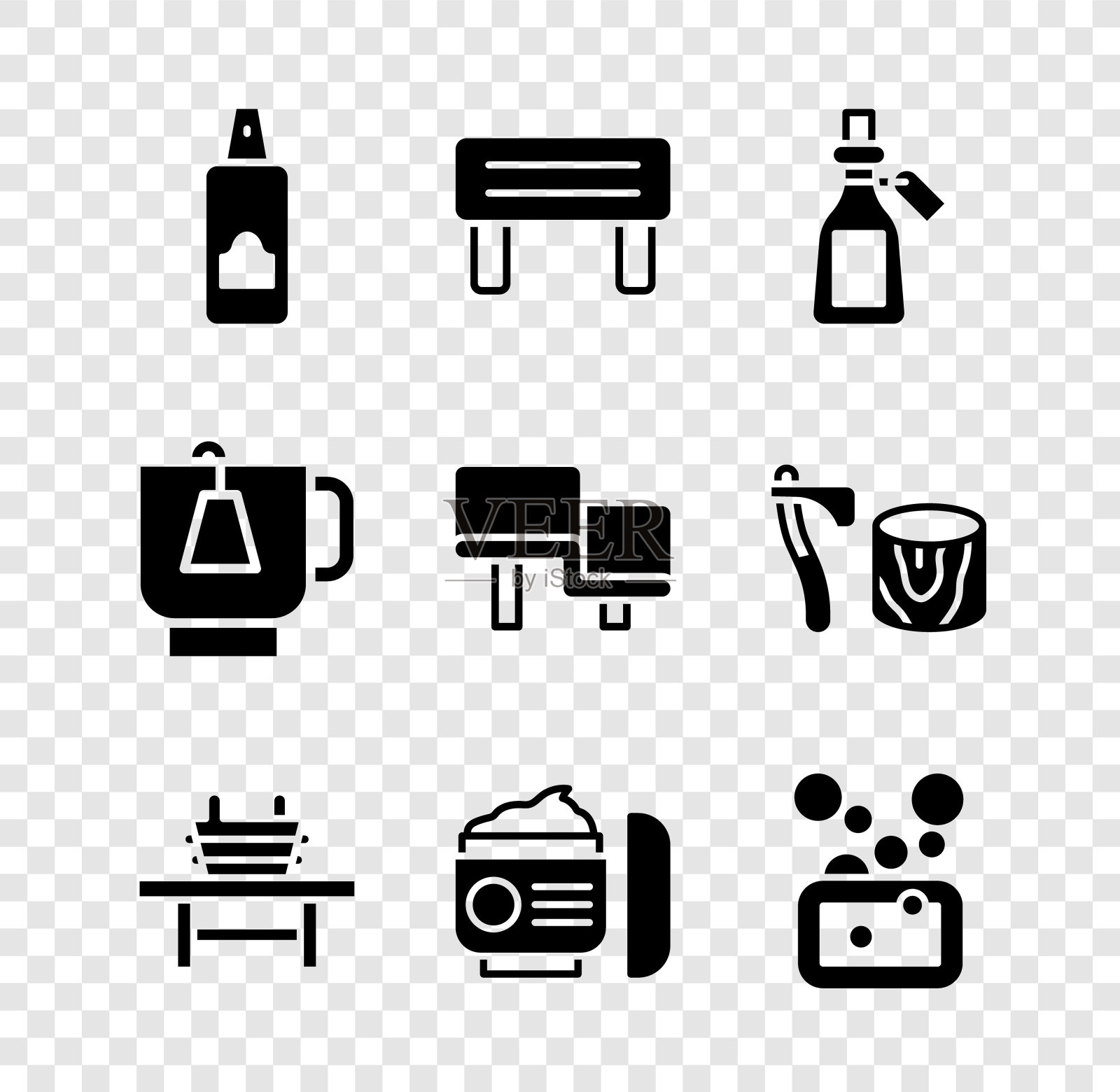 设置发胶喷雾罐，桑拿木凳，精油瓶，带桶，乳霜，化妆品管，肥皂条，杯茶茶包和图标。向量图标素材