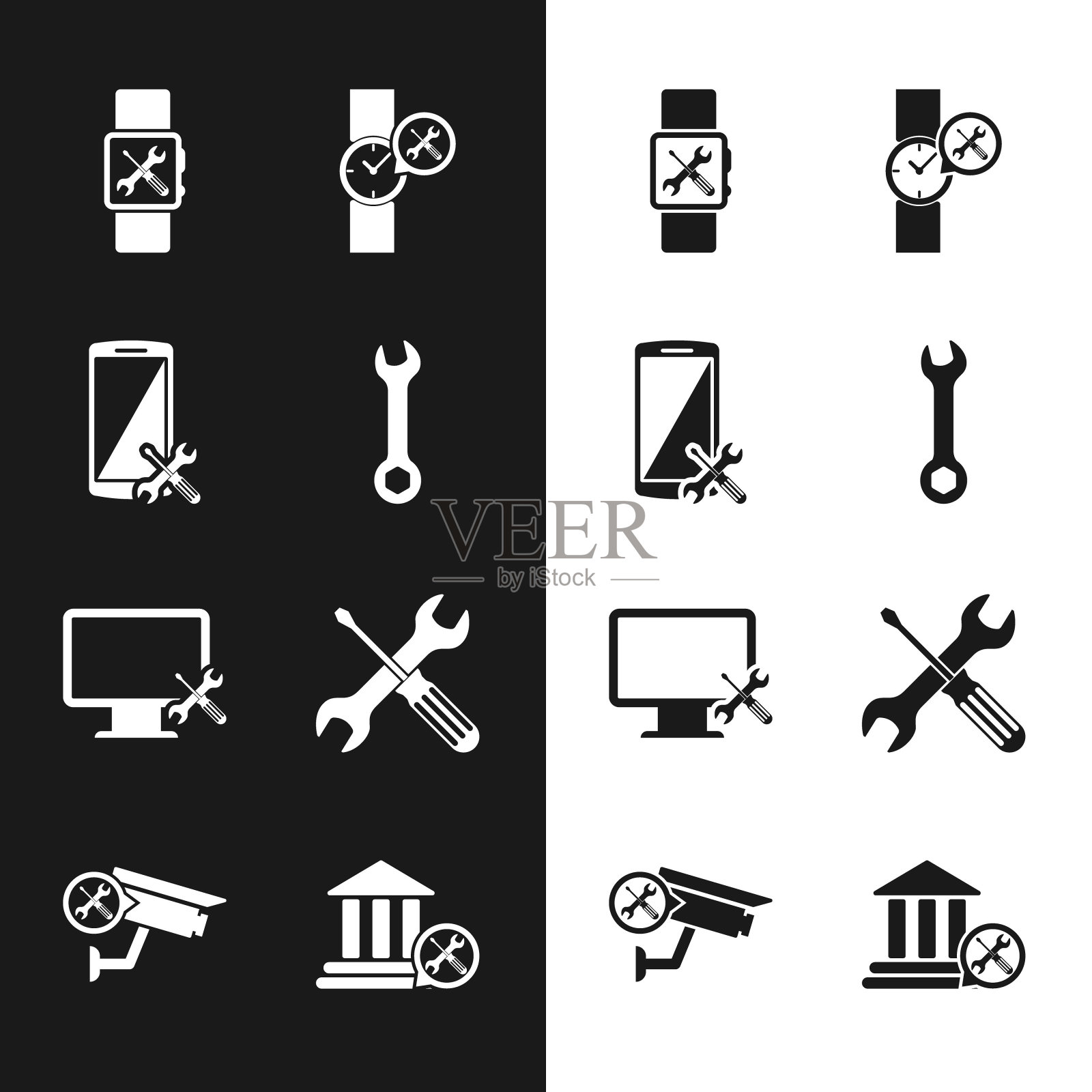 设置扳手、智能手机服务、智能手表、手腕、电脑显示器、十字螺丝刀和扳手、银行大楼和安全摄像头图标。向量图标素材