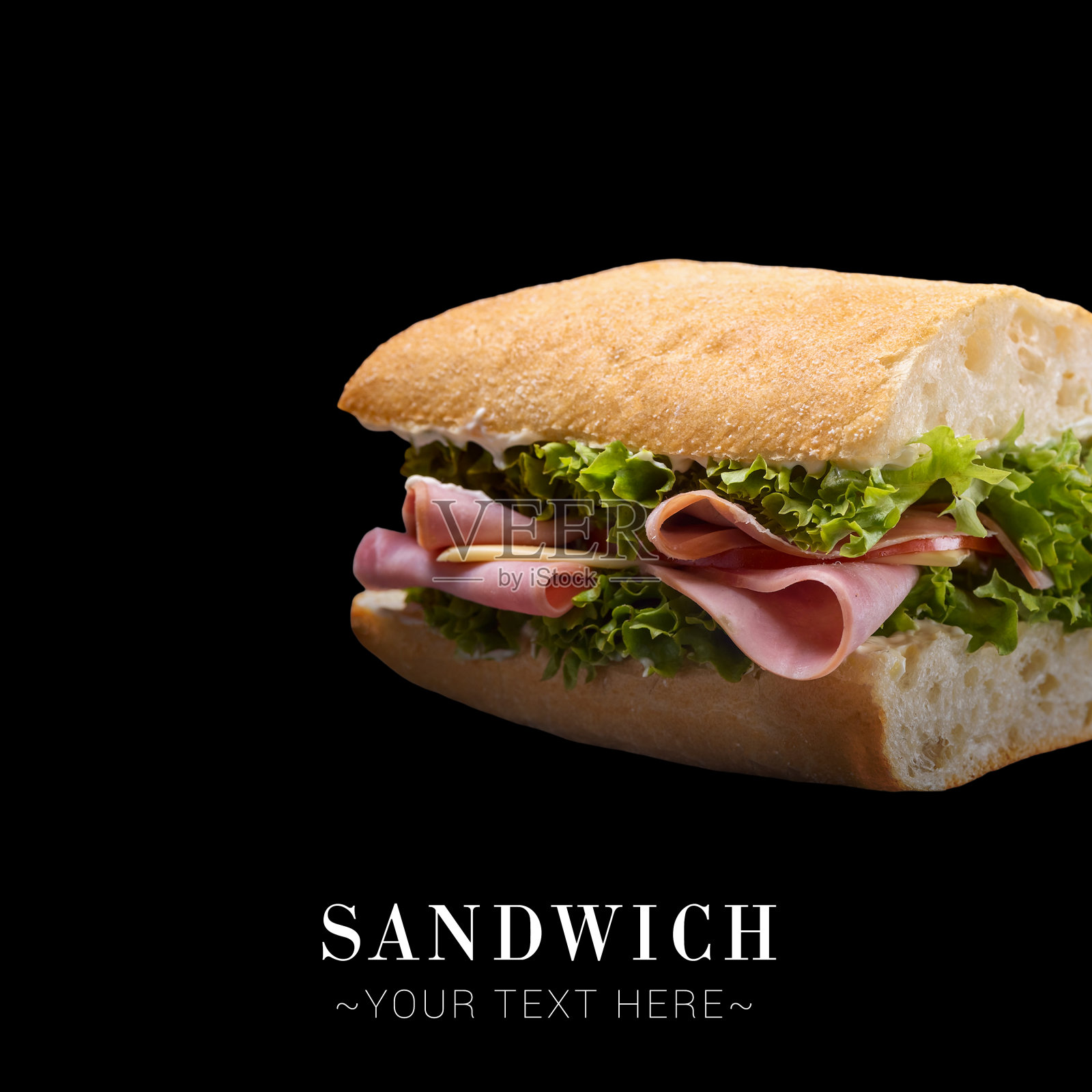 三明治火腿，奶酪和生菜孤立在黑色背景现成的食物横幅与文字空间照片摄影图片