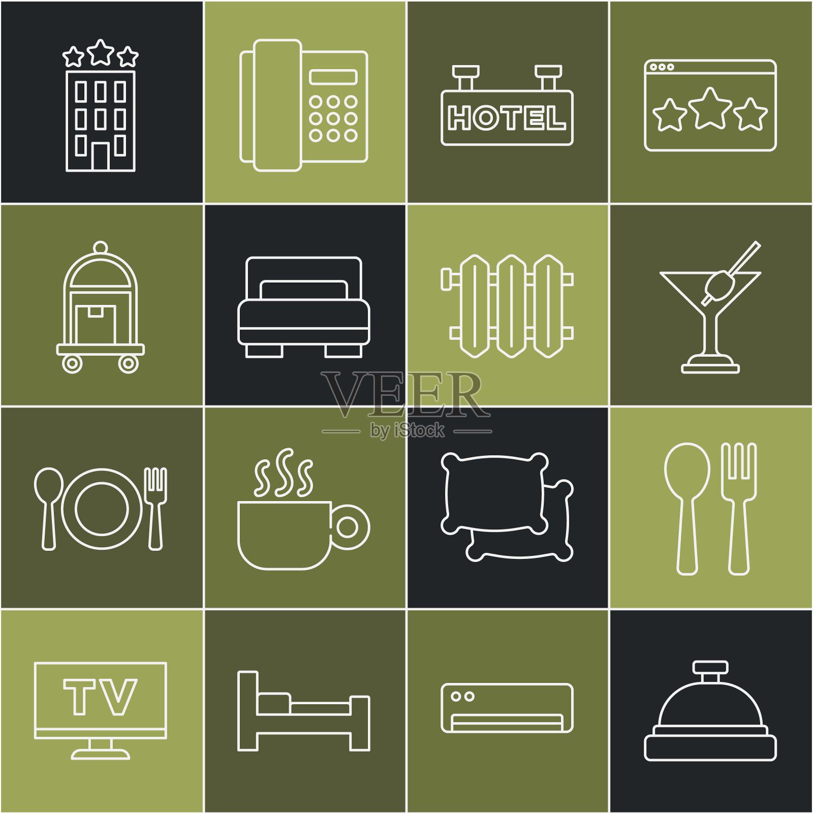 集酒店服务铃、餐叉、马提尼酒杯、文字招牌、客房床、箱包、建筑及暖气散热器图标于一体。向量图标素材