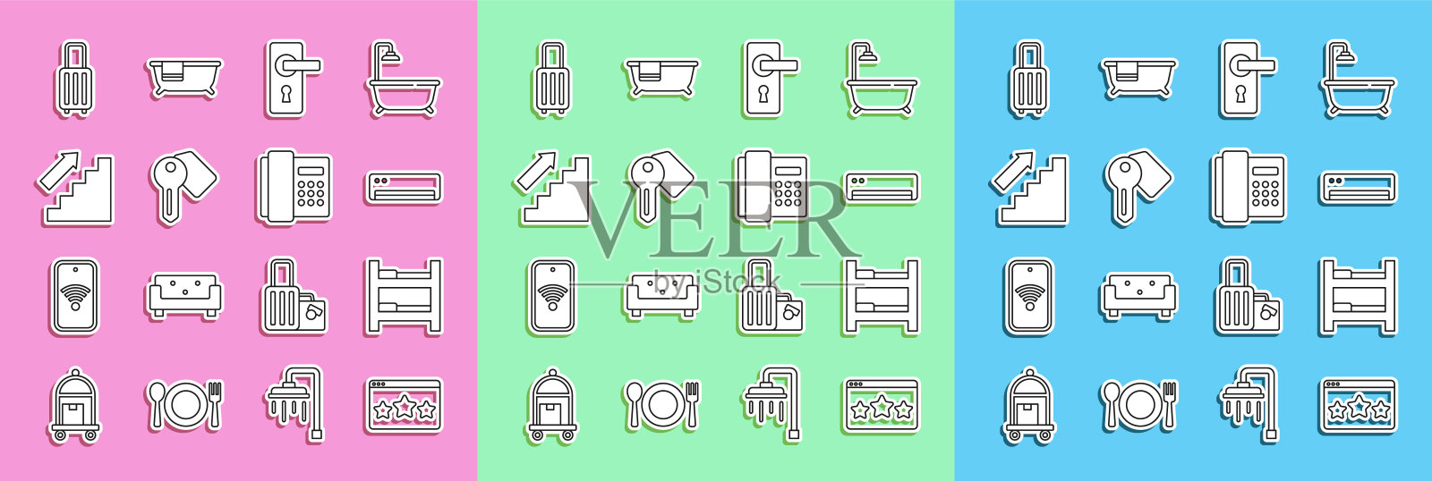 设置星级点评、酒店客房床、空调、门把手、门锁钥匙、楼梯、行李箱和电话手机图标。向量图标素材