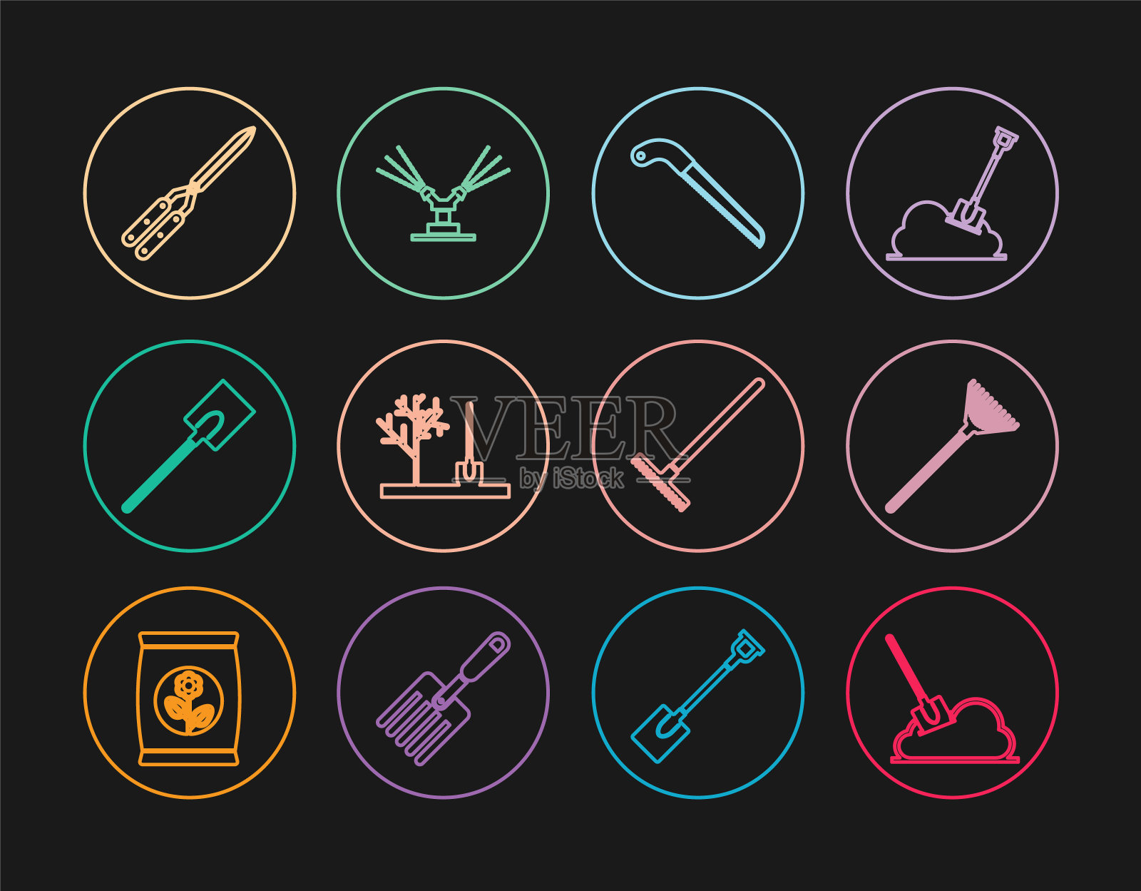 设置在地面的线铲，花园耙的叶子，锯，种植树，铲，园艺手工剪刀，和自动灌溉喷头图标。向量图标素材