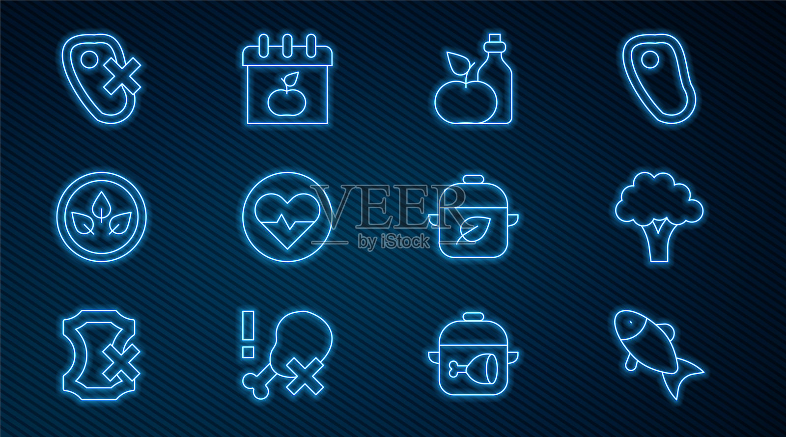 设置线鱼，花椰菜，苹果醋在瓶子，心率，素食饮食，无肉，和世界素食日的图标。向量图标素材