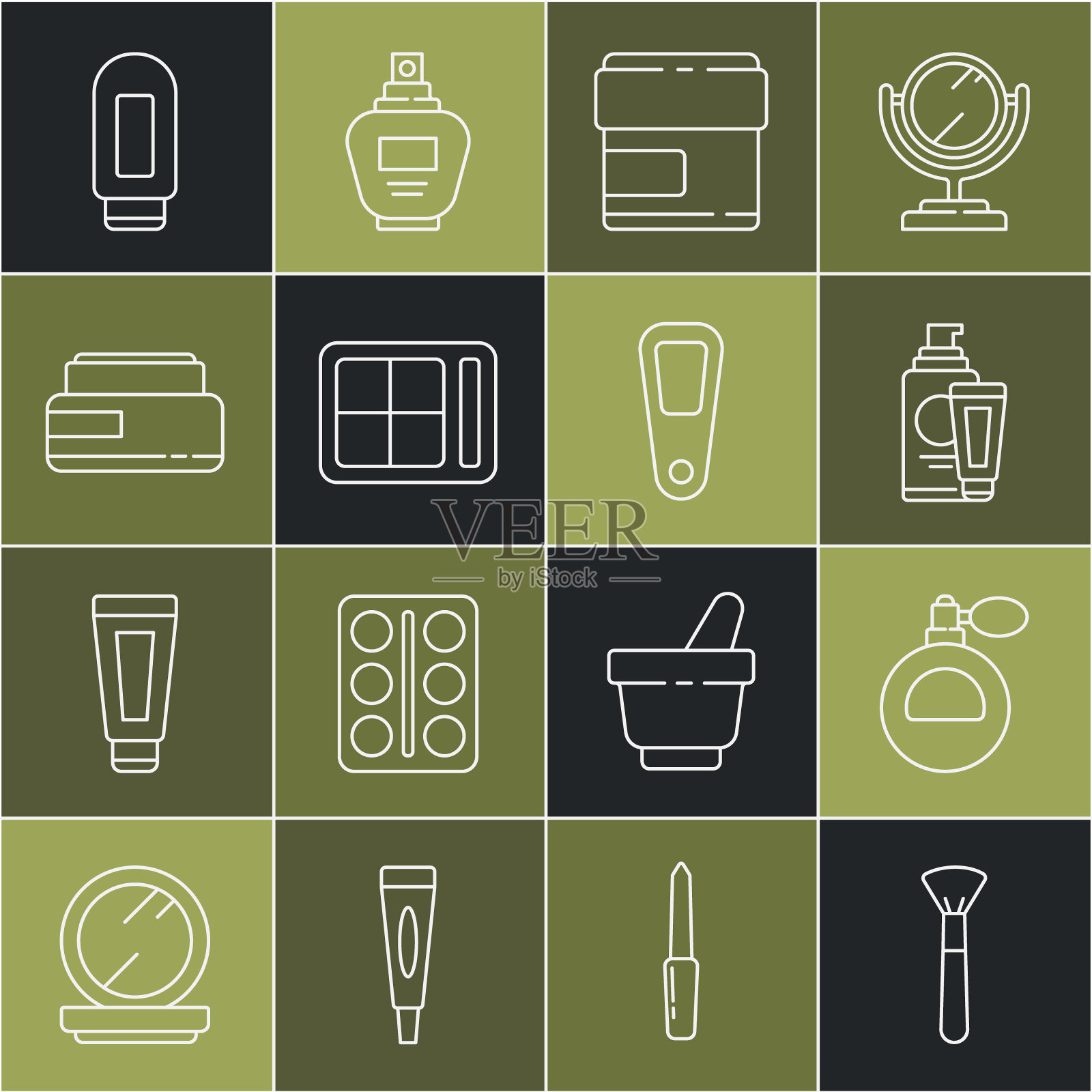 设置线化妆刷，香水，霜或乳液化妆品管，眼影调色板，和手镜图标。向量图标素材