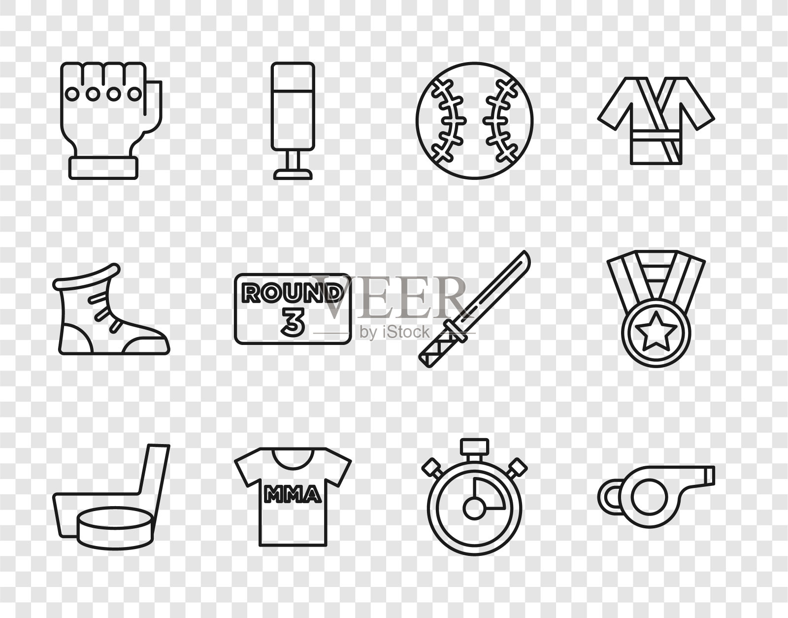 设置线冰球棍和冰球，口哨，棒球，t恤与搏击俱乐部综合格斗，手套，拳击台板，秒表和奖牌图标。向量图标素材