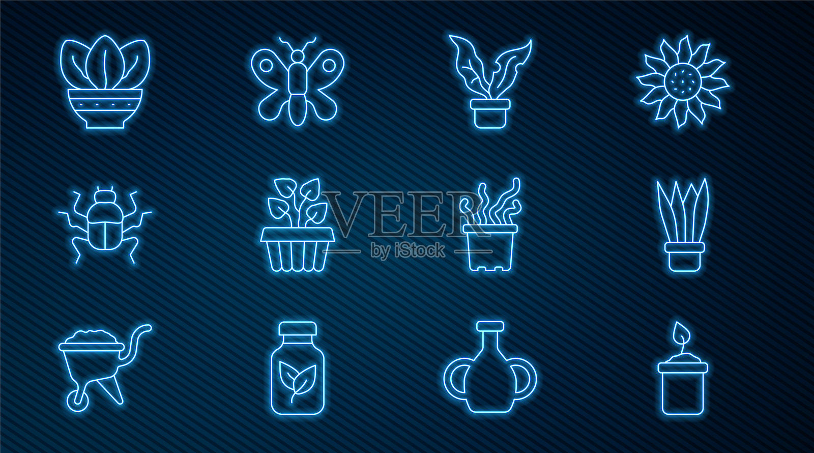 设置线发芽在瓶子，花盆，室内植物常春藤，甲虫，热带异域和蝴蝶图标。向量插画图片素材