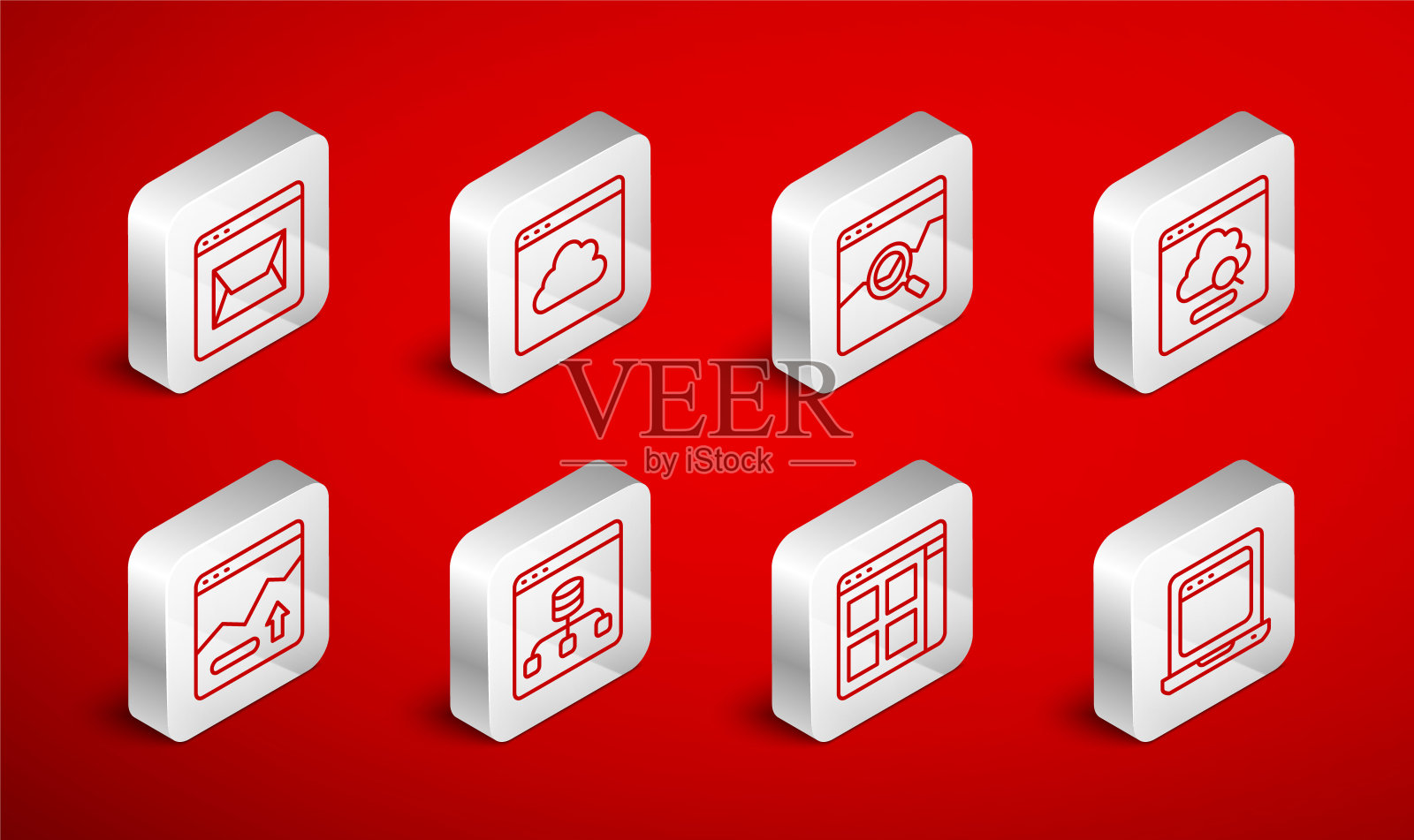 设置行笔记本电脑与浏览器窗口，云技术数据传输，网站股票市场，浏览器文件，和邮件，服务器，数据和财务增长图标。向量插画图片素材